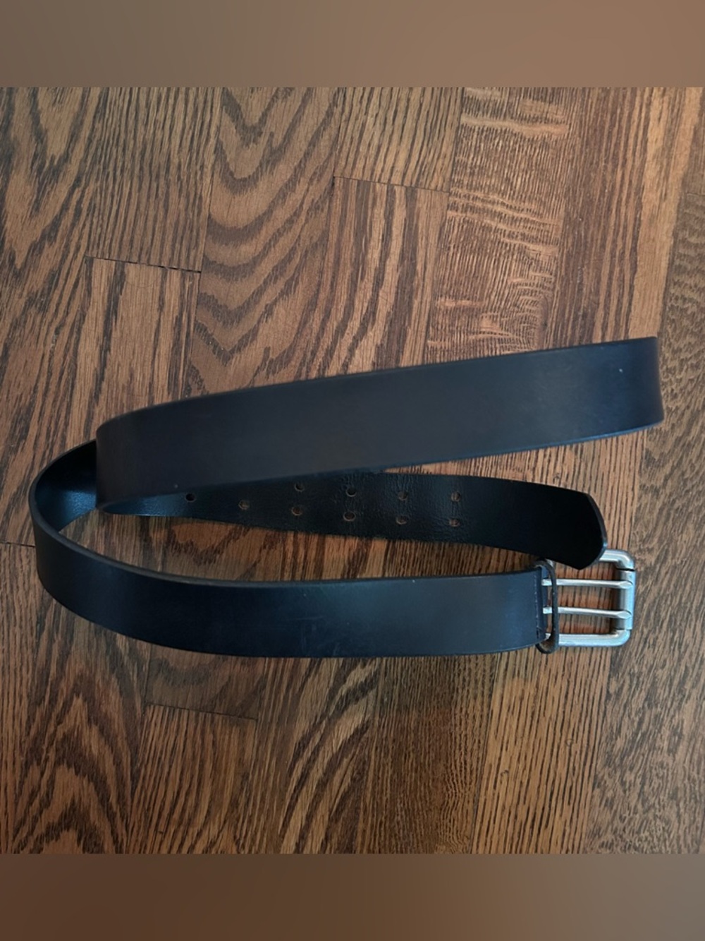 Men's Black Leather Belt with Silver Double-Prong Buckle